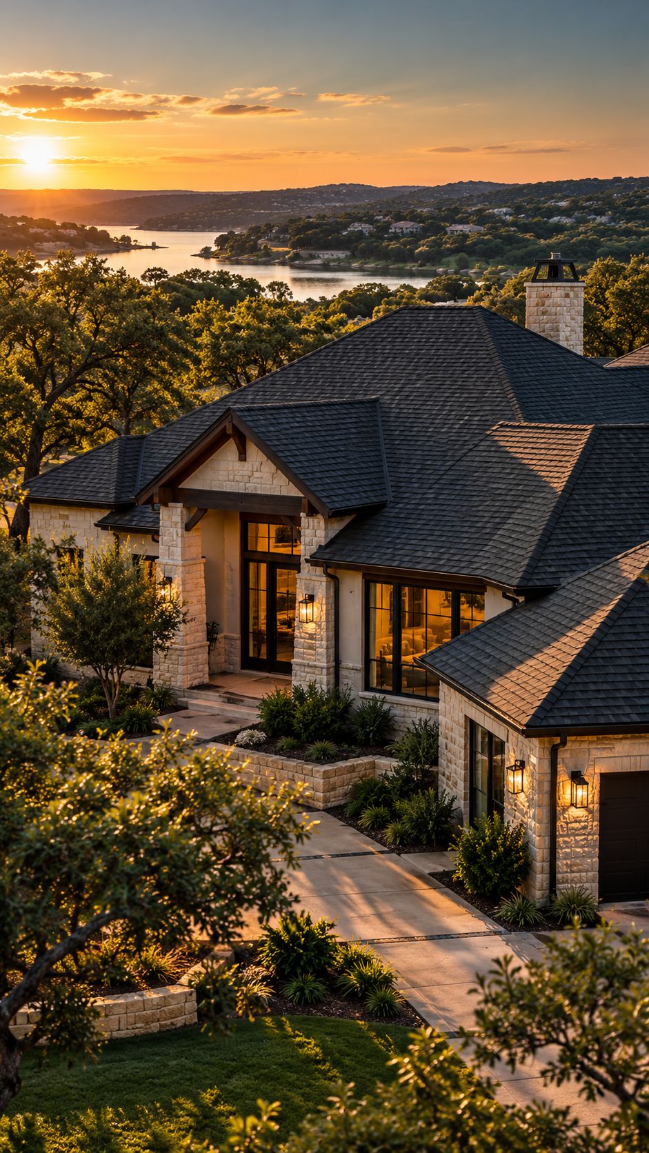 Hill Country home on a lake at sunset